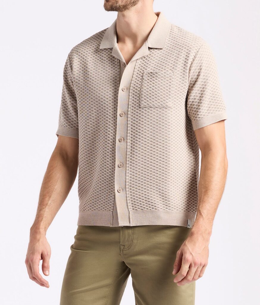 Men's Short Sleeve Jacquard Jersey Button-Up Sweater