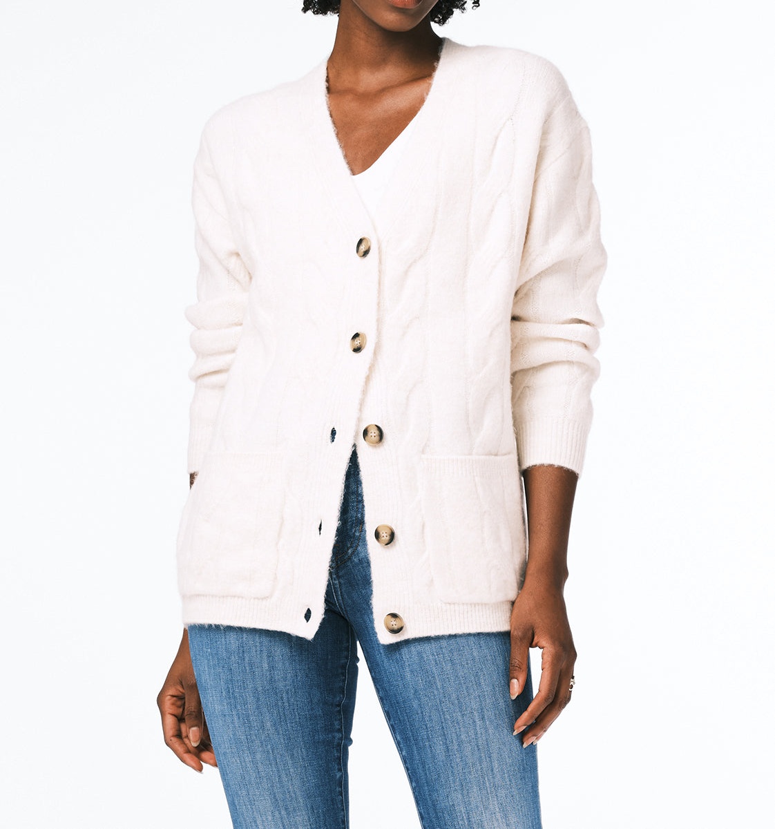 Women's Cable Knit Button-Up Cardigan with Pockets