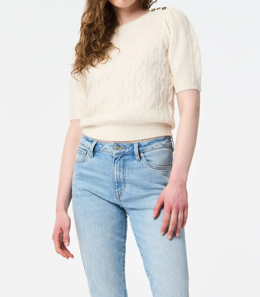 Women's Short Sleeve Cable Knit Sweater with Shoulder Button Detail